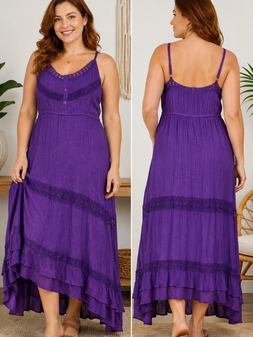 KLEIO Women’s Purple Boho Maxi Dress Size Large Sleeveless Lace Trim